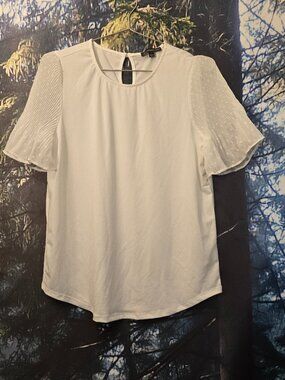 Adrianna Papell Womens Blouse Small White Sheer Sleeve Keyhole Back Top